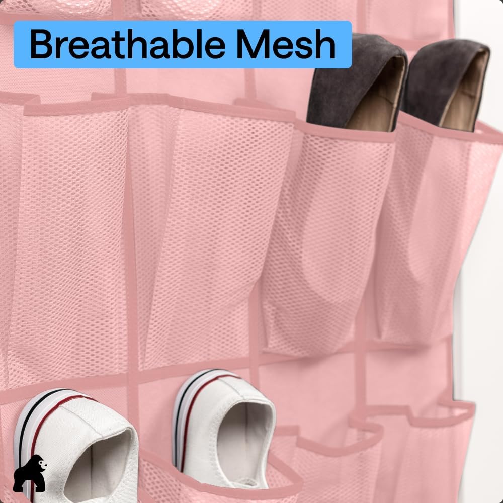 GORILLA GRIP Over the Door Shoe Organizer, 24 Large Breathable Mesh Pockets, Space Saving Hanging Storage Holder, Closet Rack Hanger Holds Up to 40 lbs, Hangs on Closets for Shoes, Accessories, Grey