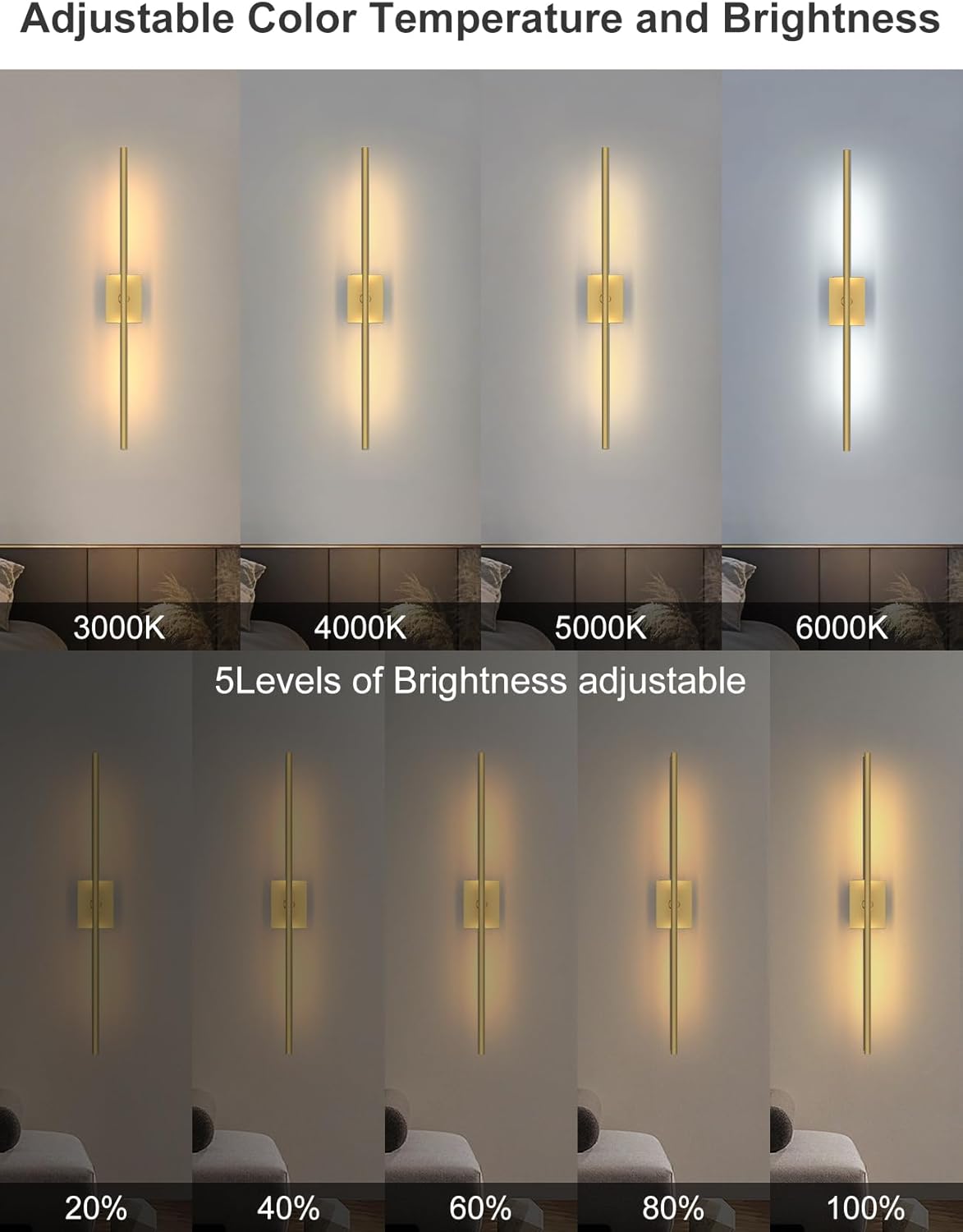 Battery Operated Wall Sconces Set of 2: 10000mAh Rechargeable Wall Lights with Remote, 360° Rotate 3000K-6000K LED Wireless Wall Light Fixtures Decor for Bedroom Living Room Hallway Picture Lighting