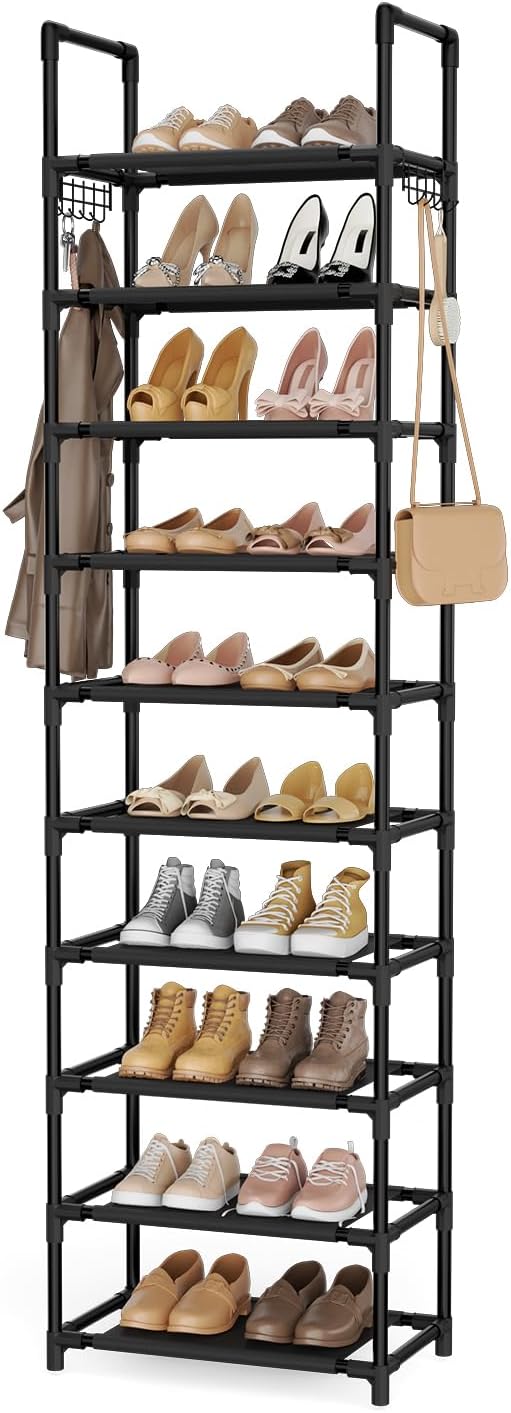LANTEFUL 10 Tiers Shoe Rack 50 Pairs Large Capacity Tall Shoe Organizer Sturdy Shoe Storage with Two Hooks Space Saving Metal Wide Shoe Rack for Closet, Entryway, Bedroom, Black
