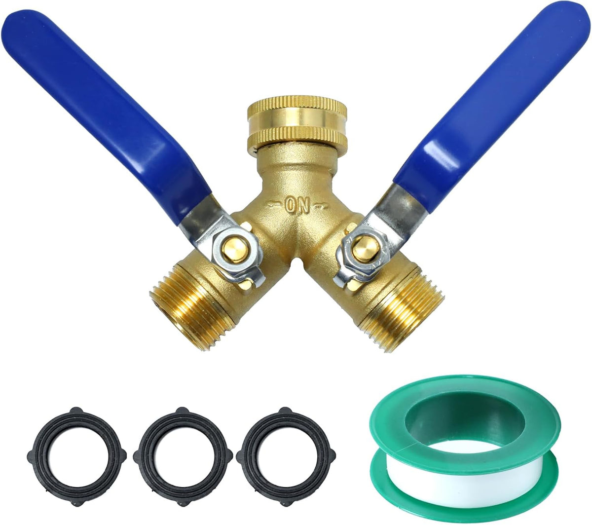 Garden Hose Y Valve Splitter Brass Hose Splitter, 3/4" GHT Thread 2 Way Heavy Duty Valve Water Garden Hose Tap Adapter, Long Handle Outdoor Full Flow Hose Splitter Connector