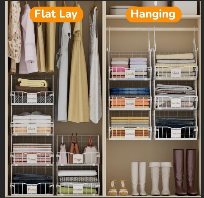 Hanging Closet Organizers and Storage, 3 Tier Closet Shelf Clothes Organizer with 2 S-Hooks, Multi-Functional Iron Wire Baskets, for Clothing, Sweaters, Handbags, Hat, Canned