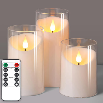 NURADA Flameless Candles with Remote Timer - Glass Real Wax 3D Wick LED Pillar Votive Candle Set Battery Operated Flickering Light for Home Christmas Decoration - White 3 Pack