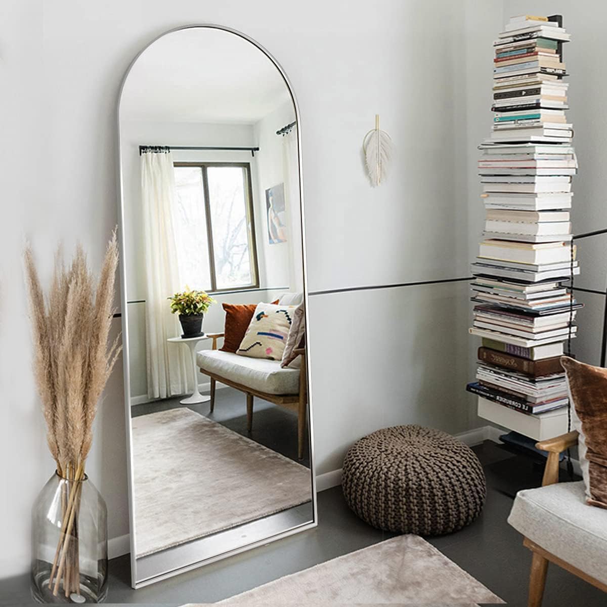OGCAU Floor Full Length Mirror, 56"x20" Arched Full Body Mirror, Hanging or Leaning, Standing, Wall Mounted with Aluminum Frame for Bedroom Living Room, White