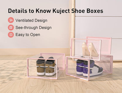 Kuject X-Large Shoe Storage Boxes Organizers for Closet 12 Pack, Fit Size 11,Clear Plastic Stackable Sneaker Containers for Entryway, Space Saving Shoe Rack, Brown