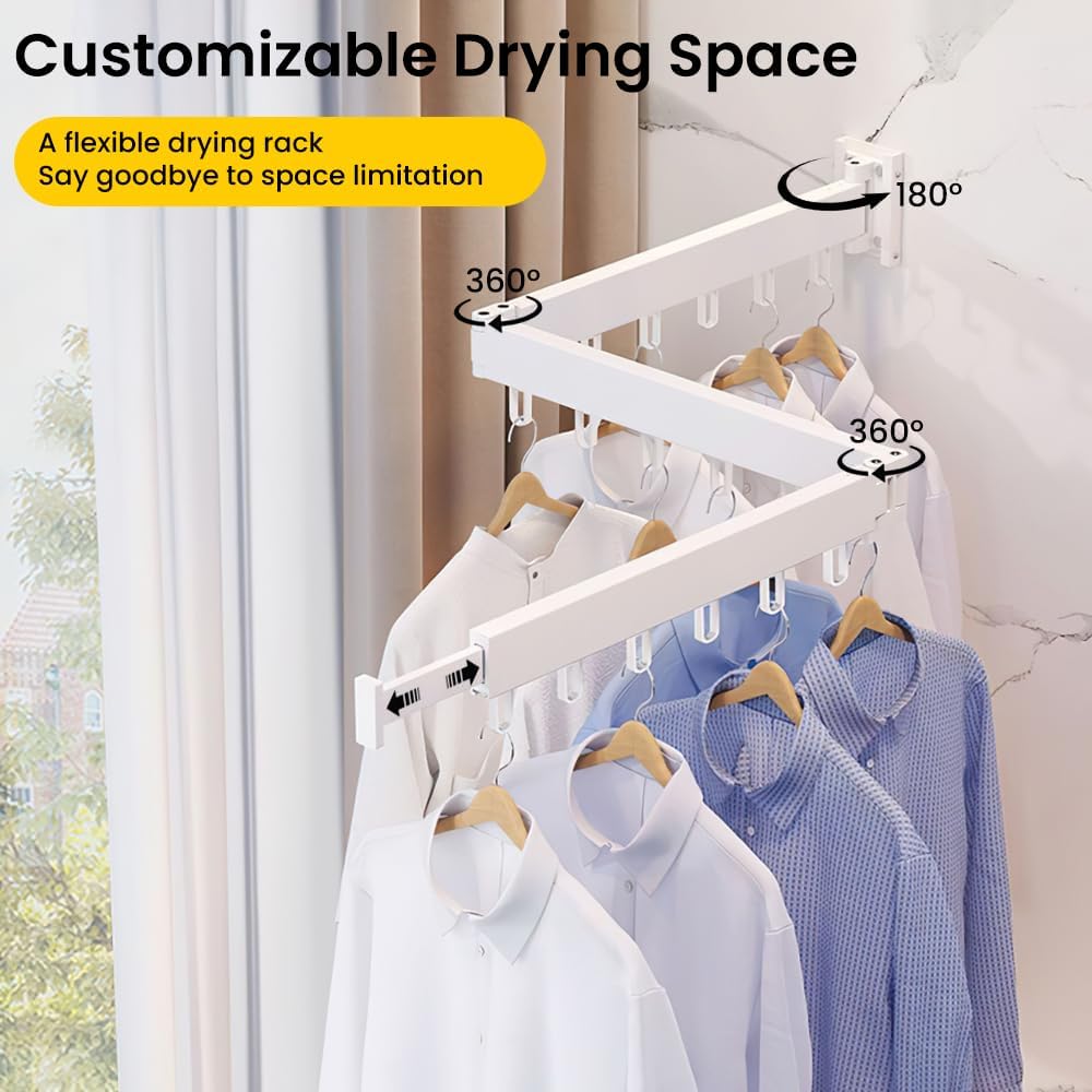 HomeBeyond Aluminum Wall Mounted Drying Rack, Upgrade 3-Fold Foldable Retractable Clothing Drying Rack with 12 Hooks, Space Saver Clothes Hanger for Indoor/Outdoor Use in Laundry, Balcony, Bathroom