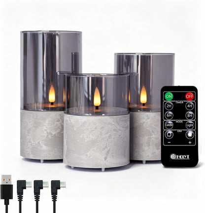 LEDHOLYT Rechargeable Flameless Glass Pillar Candles–Gifts for Women,–Set of 3, Realistic Flickering LED Light,Remote & Timer, Ideal for Living Room, Bedroom & Festival Wedding Home Party Decor