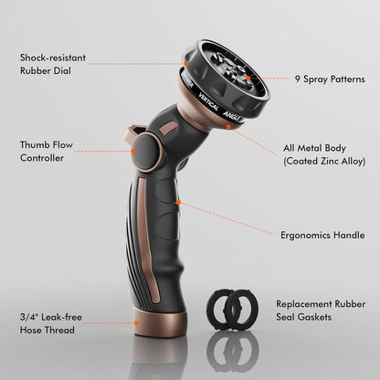 RESTMO Hose Nozzle Heavy Duty, Metal Water Hose Sprayer for Garden | 9 Spray Patterns, High Pressure, Thumb Flow Control, On/Off Valve, Ideal for Outdoor Lawn & Plant, Car & Pet, Black