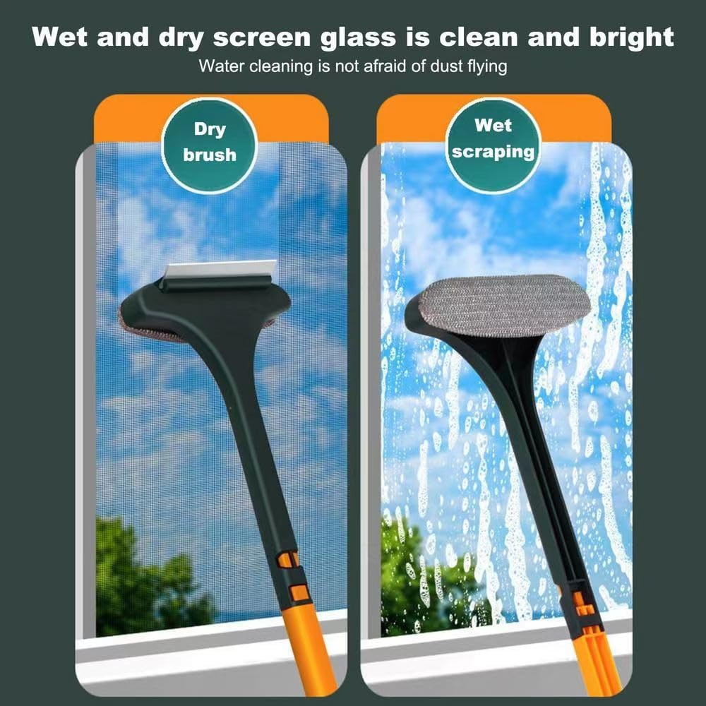 Window Screen Cleaning Brush, 2 in 1 Mesh Cleaner with Squeegee, Double Sided Wet & Dry, 18.11 Inch Long Handle, Multifunctional