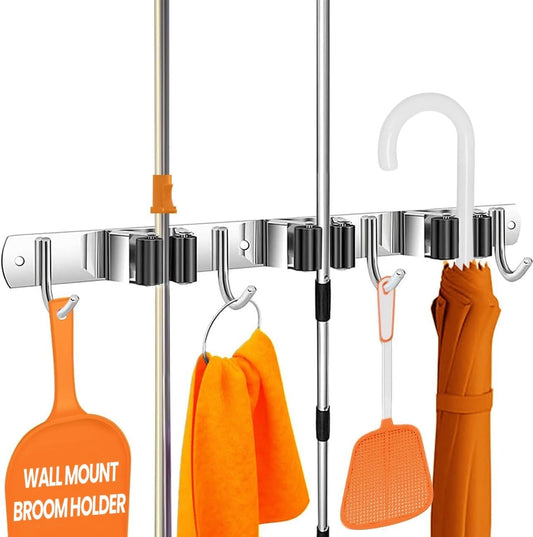 The Good Stuff Heavy Duty Mop and Broom Holder Wall Mount – Stainless Steel 5-Rack Organizer with 4 Hooks – Space Saving, Rust-Resistant Utility Rack for Garage, Kitchen, Laundry or Garden Tools