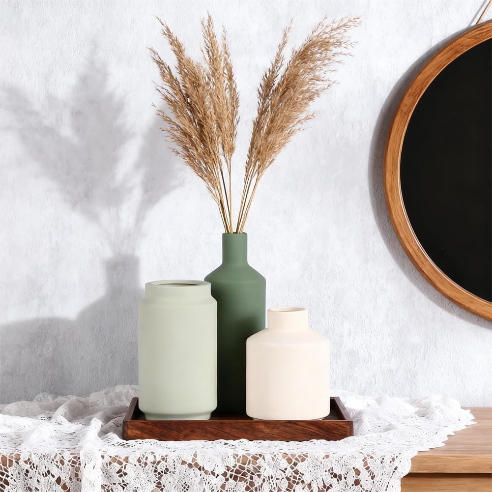 Neutral Ceramic Vase Set of 3 – Modern Decorative Vases, Small Flower Pottery Vase Sets, Boho Farmhouse Rustic Vases for Living Room, Kitchen, Bedroom, Bathroom, Shelf, Table