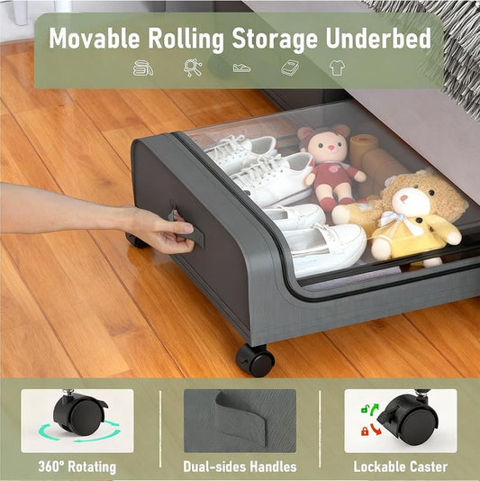 Under Bed Storage with Wheels, 2-Pack Under the Bed Storage Containers with Clear Lids & Label, Underbed Storage Bins, XXXL 85L 11 inches Rolling Metal Drawer for Clothes, Shoes, Toys, Books - Gray