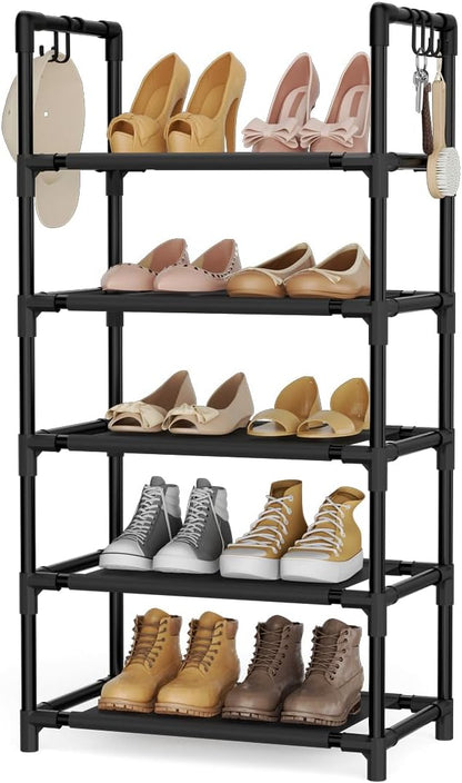 LANTEFUL 10 Tiers Tall Shoe Rack 20-25 Pairs Boots Organizer Storage Sturdy Narrow Shoe Shelf for Entryway, Closets with Hooks, Black