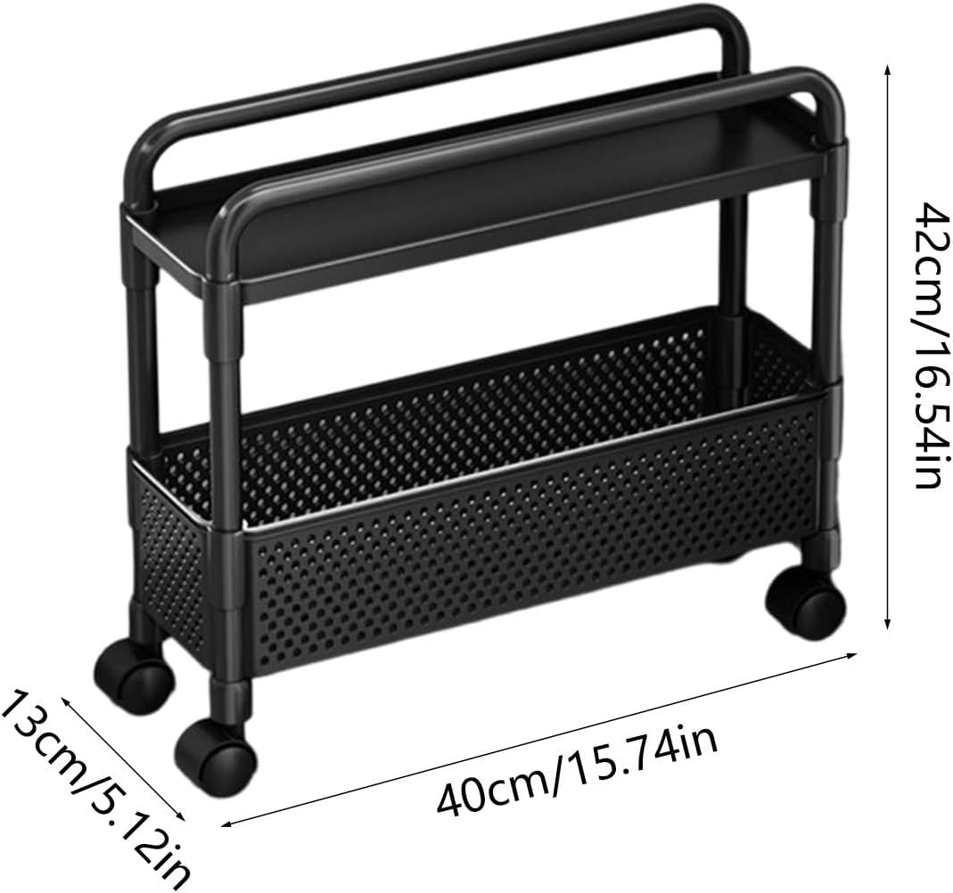 2-Tier Rolling Storage Cart with Wheels, Slim Plastic Organizer Rack for Kitchen, Bedroom, and Bathroom, 15.74x5.12x16.54in (White)