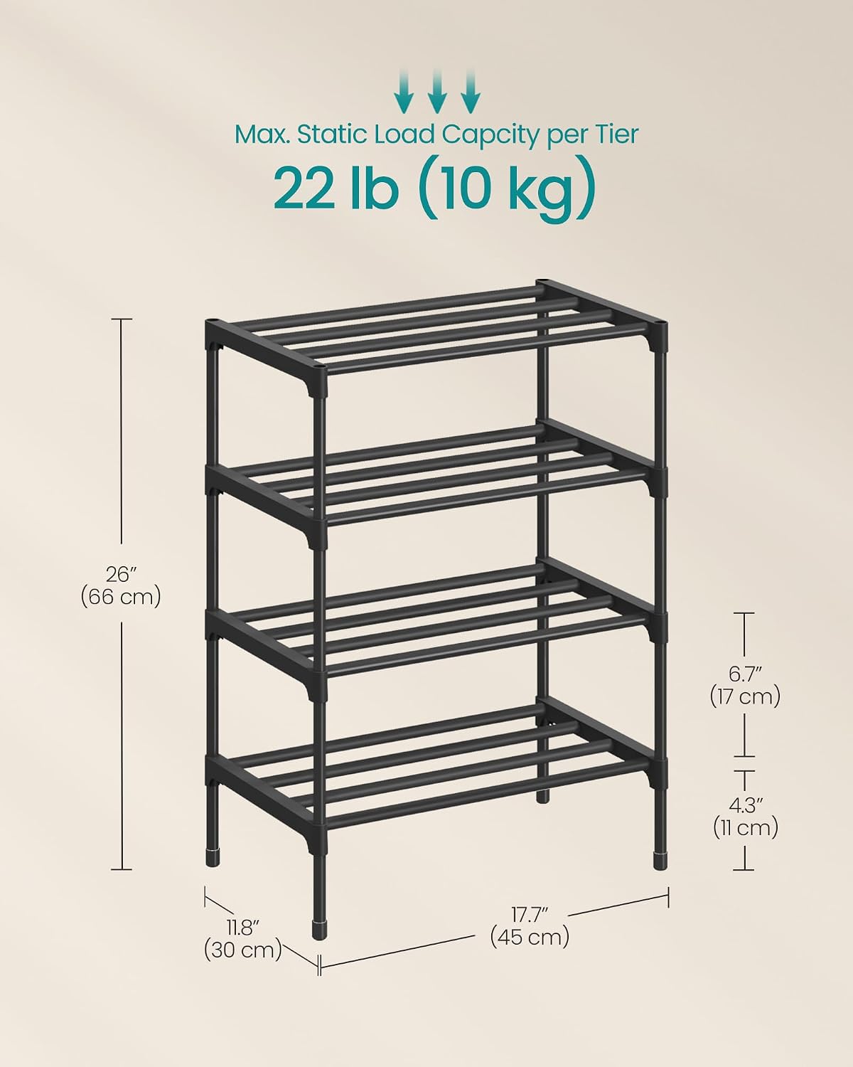 SONGMICS 2-Tier Shoe Rack for Closet, Compact Metal Shoe Organizer Shelf for Entryway, Bedroom, Small Spaces, Stackable, 11.8 x 24.5 x 12.2 Inches, Black ULSA122BH01
