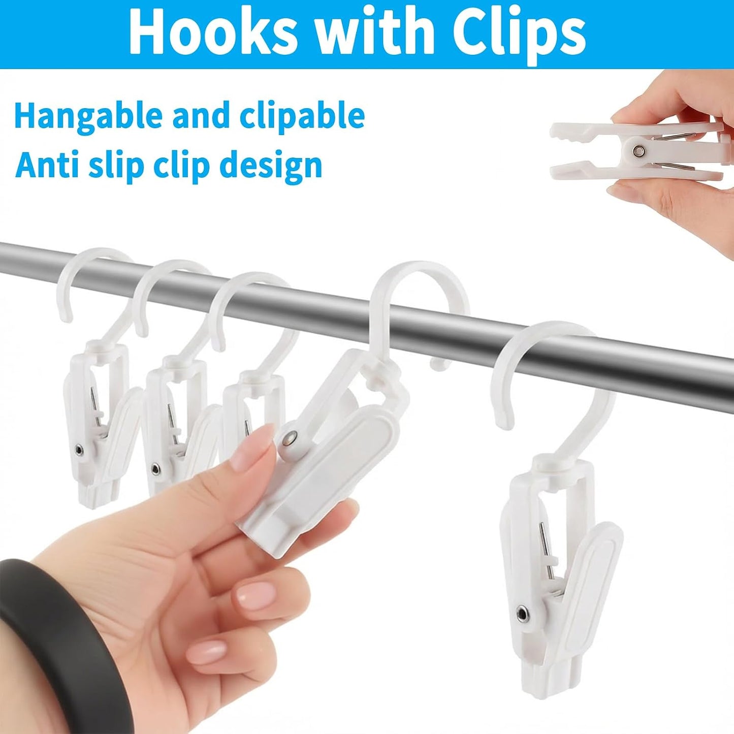 VinBee 20 PCS Laundry Hooks with Clips Super Strong Plastic Home Travel Swivel Hanging Hanger Closet Organizer Clamps Socks Boot Bras Towels for Bathroom Wardrobe Kitchen Office - 4.3 Inches (Black)