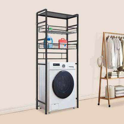 Laundry Room Over Washer Shelf, Carbon Steel, 3 Tiers, Black | Open Design Laundry Room Storage and Organizer Standing Shelf for Drum Washing Machines