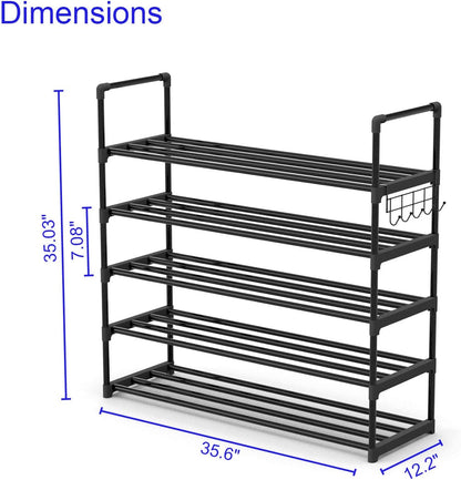 Hsscblet 5 Tiers Metal Shoe Rack,Adjustable Shoe Shelf Storage Organizer with Hooks,Stackable Boot & Shoe Storage,for Entryway,Hallway,Closet,Black