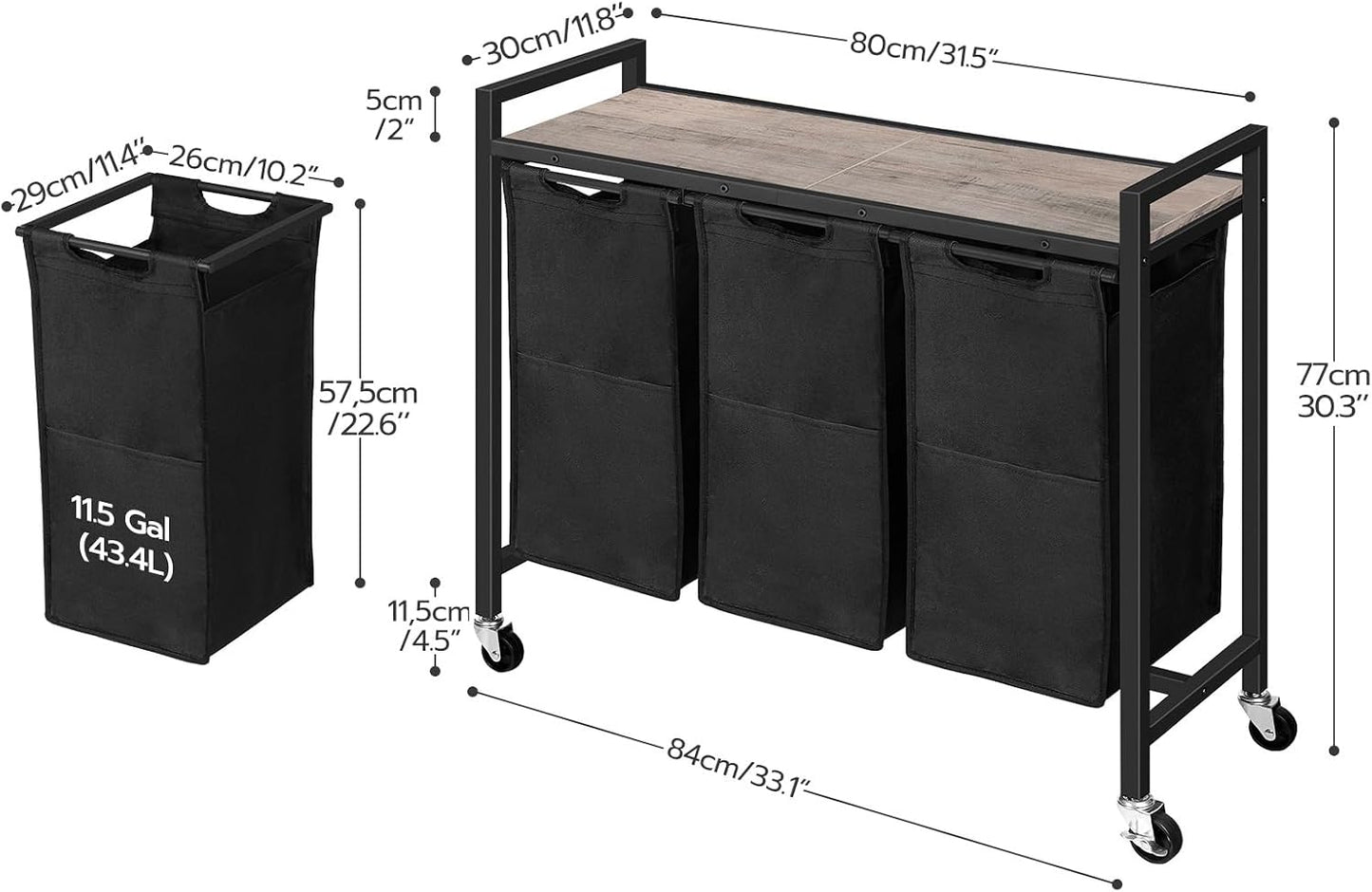 HOOBRO Laundry Sorter 3 Section, Laundry Hamper with Wheels, 3 × 11.5 Gal (43.5 L), Rolling Laundry Basket, Pull-Out and Removable Oxford Fabric Laundry Bags, Rustic Brown and Black BF76XY01