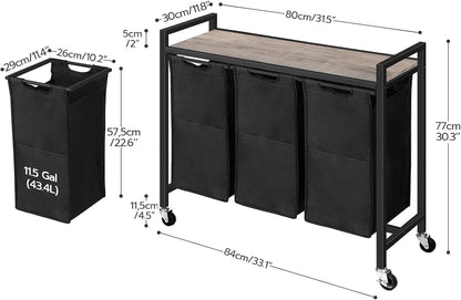 HOOBRO Laundry Sorter 3 Section, Laundry Hamper with Wheels, 3 × 11.5 Gal (43.5 L), Rolling Laundry Basket, Pull-Out and Removable Oxford Fabric Laundry Bags, Rustic Brown and Black BF76XY01