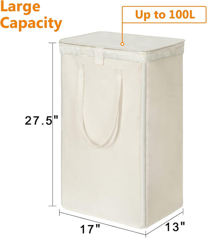 WOWLIVE 180L Laundry Hamper with Lid 3 Section,Large Laundry Basket with Removable Bags and Handles,Collapsible Dirty Clothes Hampers for Laundry,Laundry Basket Organizer for Laundry Room,Dorm,Beige