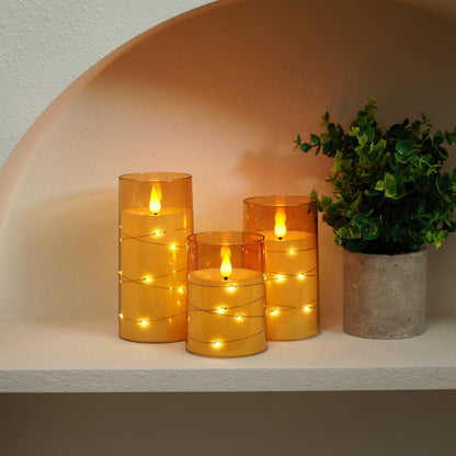 Amagic Red Flameless Candles 3 Set, Flickering Battery Operated Candles Embedded Fairy String Light, Realistic Pillar Candle with Remote Control and Timer, Acrylic, D3 x H4 5" 6"