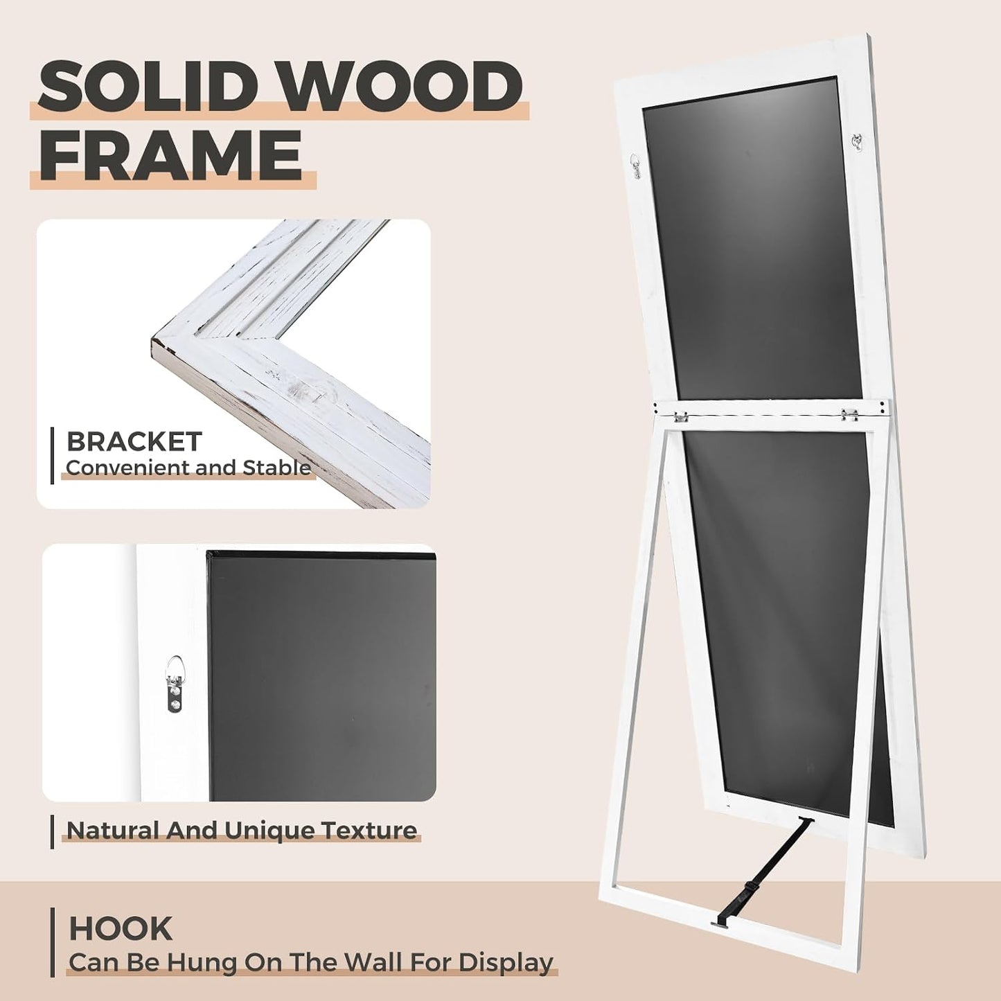 65"x22" Full Length Mirror Solid Wood Frame Floor Mirror with Stand for Living Room, Bedroom Hanging Standing or Leaning, Brown