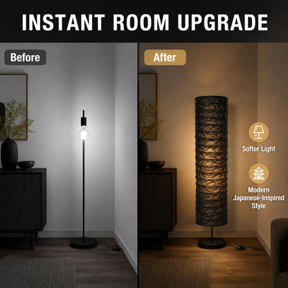 DECHOUS Rice Paper Floor Lamp Shade: Japanese Style Foldable Standing Lampshade Paper Light Cover Replacement For Living Room Bedroom, Black