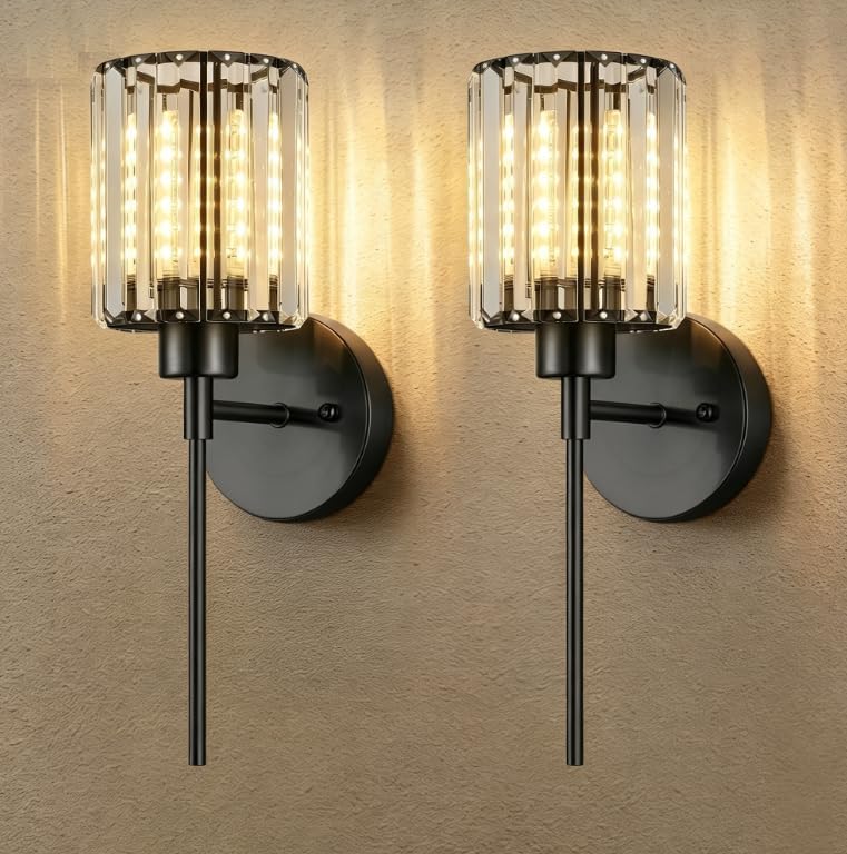 Crystal Battery Operated Wall Sconces, Brushed Gold Rechargeable Wireless Wall Sconce Lights with Dimmable Bulbs and Remote, 12 Colors and 3CCT Dimmable Crystal Lamps for Living Bedroom, 3000~6000K