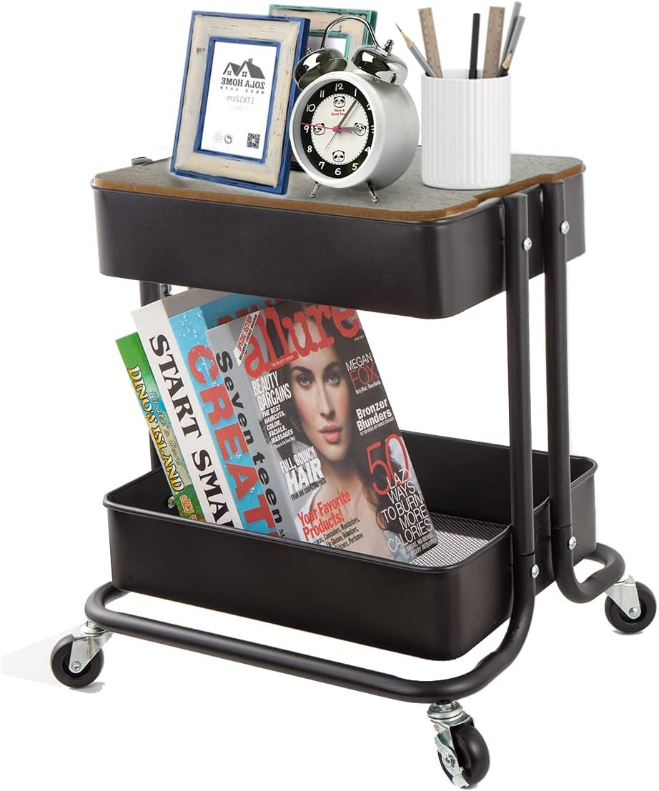 2-Tier Utility Rolling Cart Storage Sofa Side Table with Wheels, Mobile Trolley Organizer with for Office Home Kitchen Organization, Cream White
