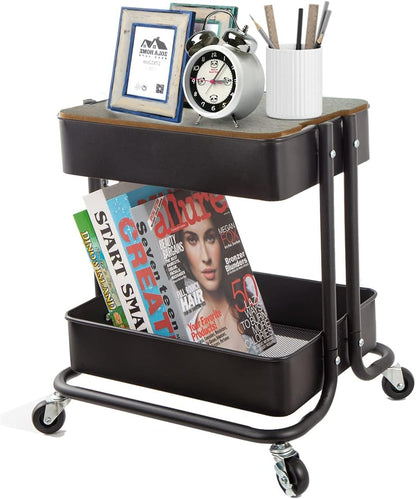 2-Tier Utility Rolling Cart Storage Sofa Side Table with Wheels, Mobile Trolley Organizer with for Office Home Kitchen Organization, Cream White