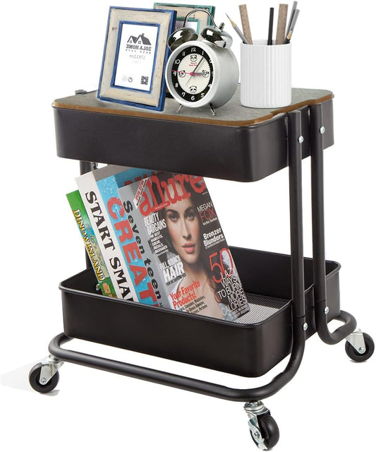 2-Tier Utility Rolling Cart Storage Sofa Side Table with Wheels, Mobile Trolley Organizer with for Office Home Kitchen Organization, Cream White