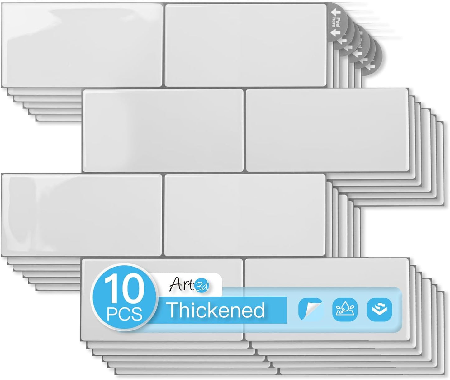 Art3d Peel and Stick Backsplash, 10-Pack Thickened Stick on Subway Tiles, Faux Ceramic Tiles for Kitchen, Bathroom, Black