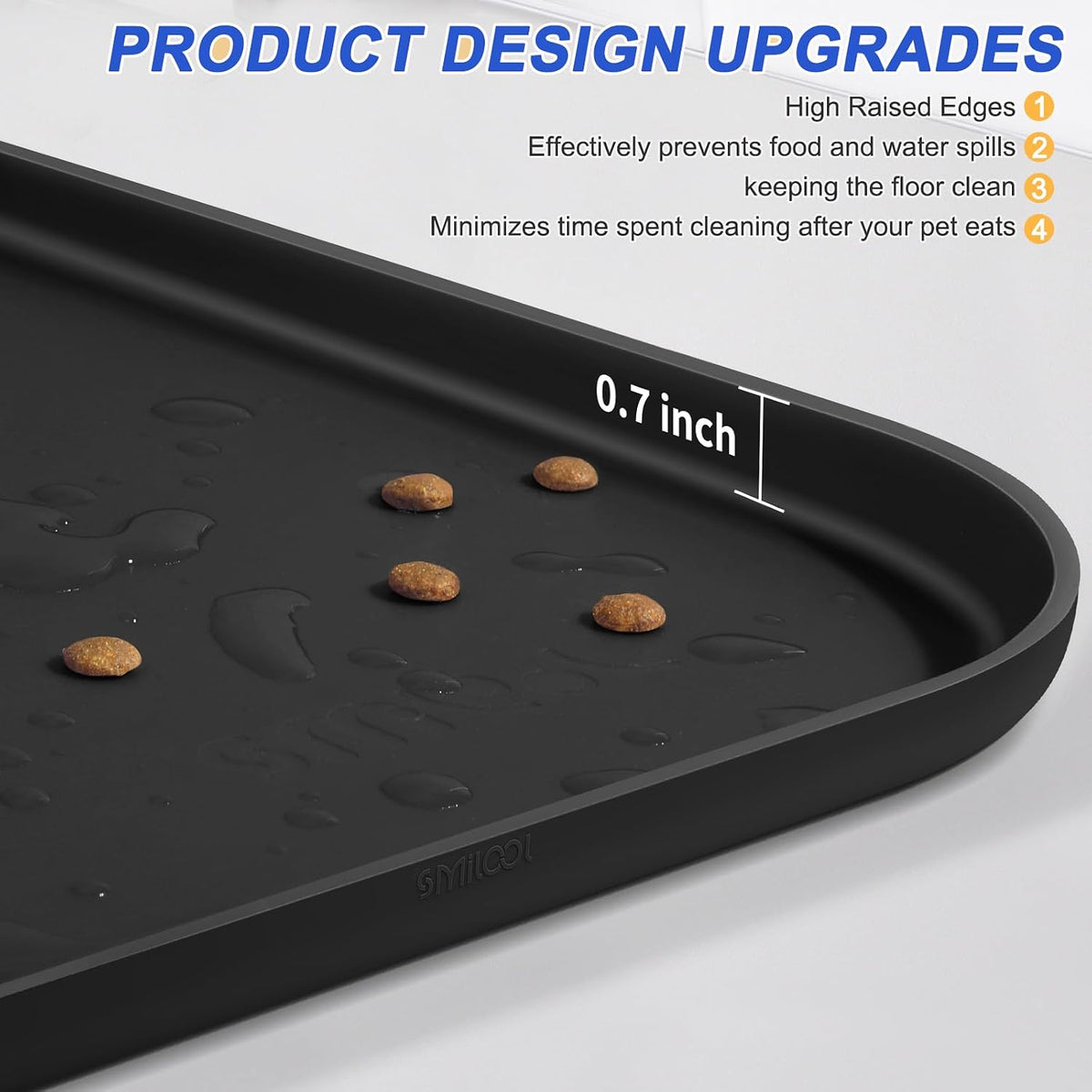 SMILOOL Silicone Pet Food Mat with Raised Edge for Food and Water Bowl, Dog Feeding Mats, Cat Food Trays for Floor Waterproof, Rubber Tray for Dogs and Cats, 19 x 12 x 0.7 Black