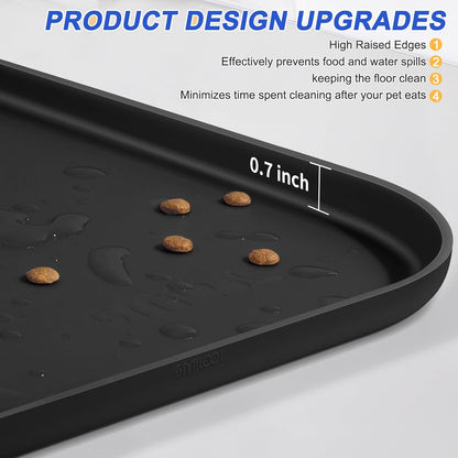 SMILOOL Silicone Pet Food Mat with Raised Edge for Food and Water Bowl, Dog Feeding Mats, Cat Food Trays for Floor Waterproof, Rubber Tray for Dogs and Cats, 19 x 12 x 0.7 Black