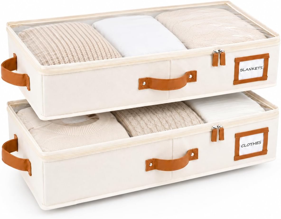 HOMELUX THEORY 2pc Low Profile Under Bed Storage Containers, Thin Under Couch Storage Organizer with Bins & Lids, Underbed Storage Box Ideal for Seasonal Clothes, Blankets, Fabric & Shoes (Ivory)
