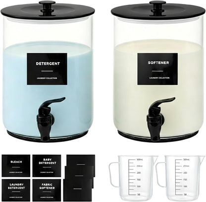 Glass Laundry Detergent Dispenser,1 Gallon Large Liquid Soap 2 Pack(Gold) | Complete borosilicate jars set with leakproof spigots, protective silicone mats, minimalist labels, and dosing cups