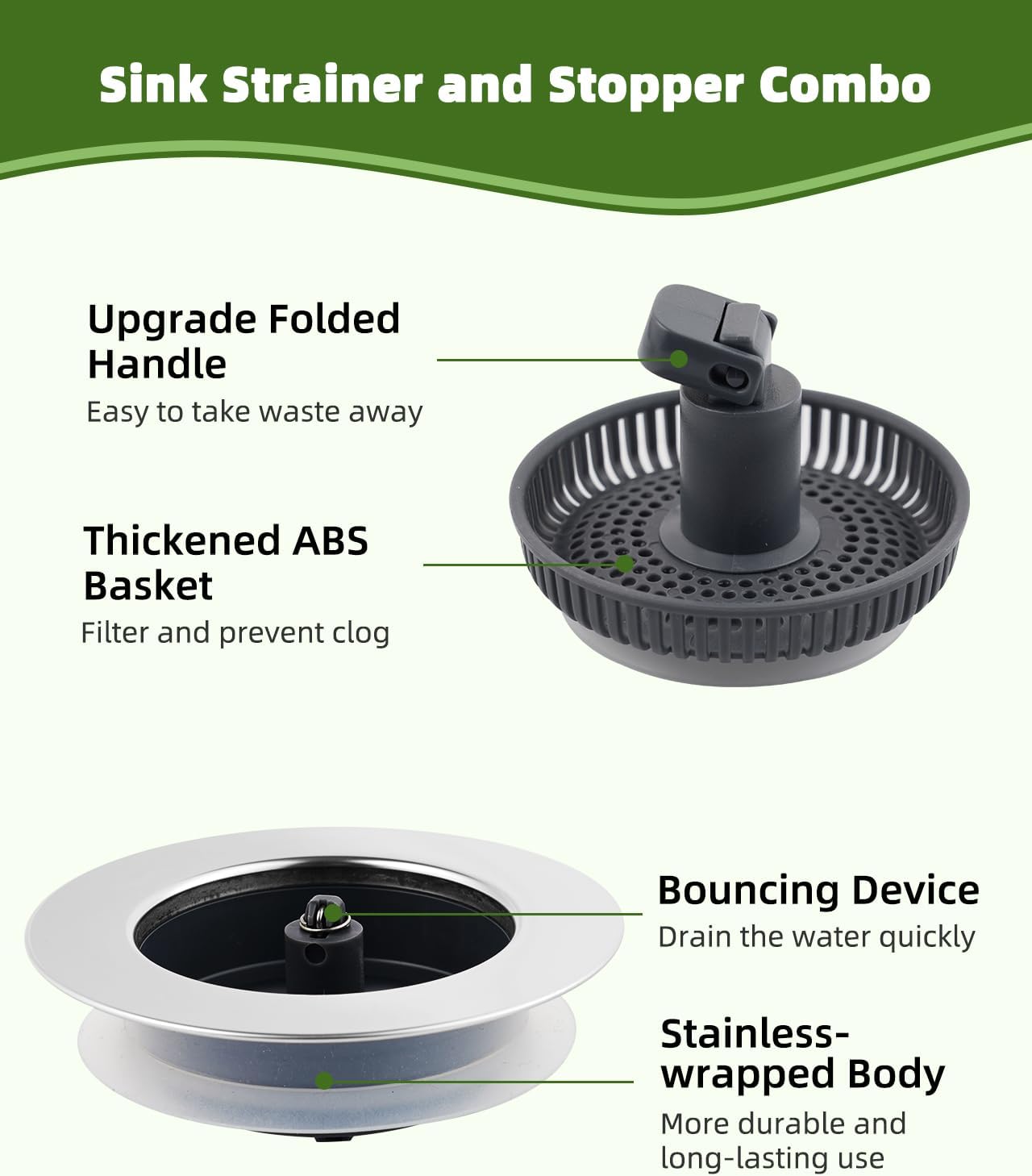 All Metal Sink Drain Strainer for Kitchen Sink, Universal Fit | Pop Up 3-in-1 Sink Stopper Drainer, 304 Stainless Steel Basket for US Standard 3-1/2 inch Drain Filter, Anti-clog