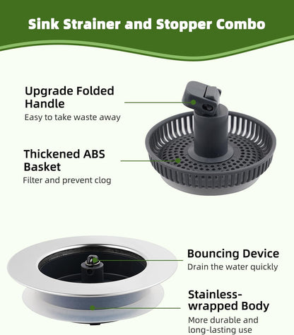 All Metal Sink Drain Strainer for Kitchen Sink, Universal Fit | Pop Up 3-in-1 Sink Stopper Drainer, 304 Stainless Steel Basket for US Standard 3-1/2 inch Drain Filter, Anti-clog