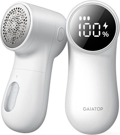 GAIATOP Fabric Shaver Rechargeable Lint Remover 3 Speeds Sweater Defuzzer, Cute Digital Screen Large Storage 6-Leaf Blades, Fuzz Pills Bobbles Trimmer for Clothes Furniture Bedclothes White 1 pcs