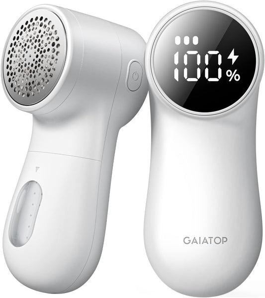 GAIATOP Fabric Shaver Rechargeable Lint Remover 3 Speeds Sweater Defuzzer, Cute Digital Screen Large Storage 6-Leaf Blades, Fuzz Pills Bobbles Trimmer for Clothes Furniture Bedclothes White 1 pcs