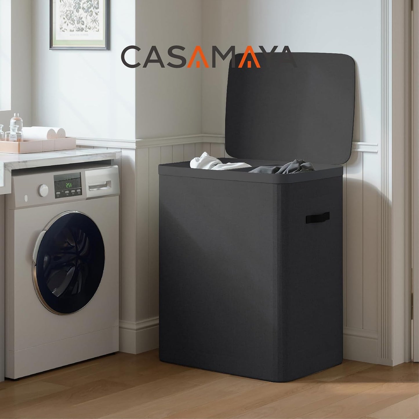 CASAMAYA Laundry Basket with Lid, Laundry Hamper 3 Section, 190L collapsible Laundry Organizer, Easy Assembly, with Handles and Removable Liners, 25.2 x 15.7 x 29.5 Inches, Beige JSP904M