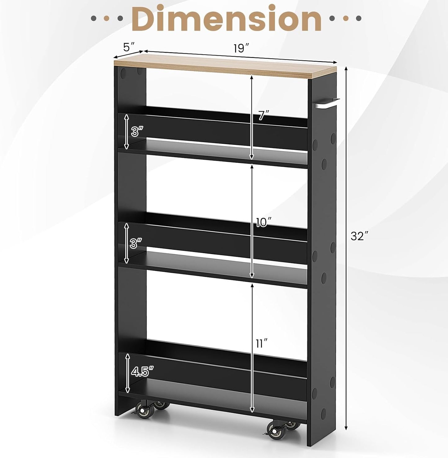 COSTWAY Slim Rolling Storage Cart, 4-Tier Rolling Utility Cart, Wood Kitchen Storage Cart with Handle & Wheels, Narrow Rolling Shelving Unit for Kitchen Bathroom Laundry Small Places (Plain White)