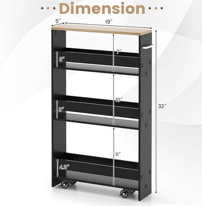 COSTWAY Slim Rolling Storage Cart, 4-Tier Rolling Utility Cart, Wood Kitchen Storage Cart with Handle & Wheels, Narrow Rolling Shelving Unit for Kitchen Bathroom Laundry Small Places (Plain White)