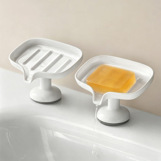 1PCS Self Draining Soap Dish with Suction Cup, Soap Holder for Shower, Bathroom, Sponge Holder for Kitchen Sink, Removable No Damage Stand Bar Soap Tray with Drain Spout Keeps Clean & Dry, White