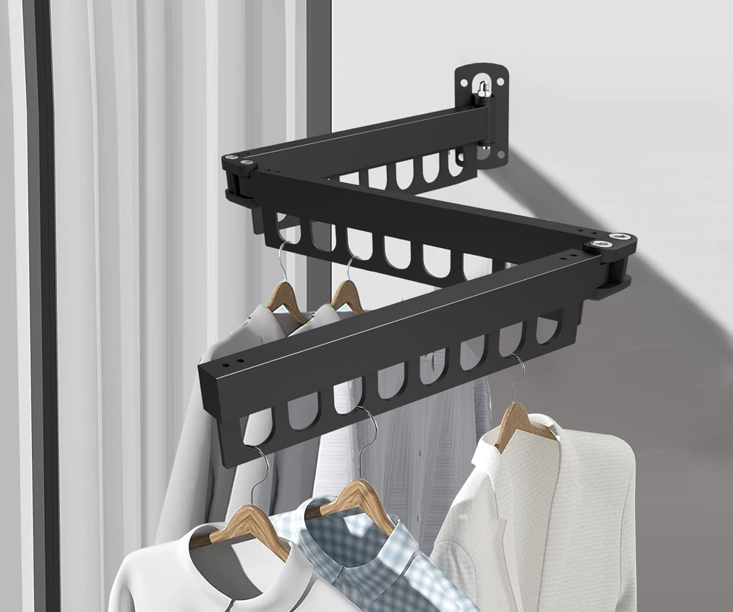 Wall Mount Laundry Drying Rack with 24 Hooks – Foldable 3-Bar Rustproof Steel Clothes Organizer, 360° Swivel Space-Saving Drying Station for Apartments, Laundry Rooms, Balconies & RVs
