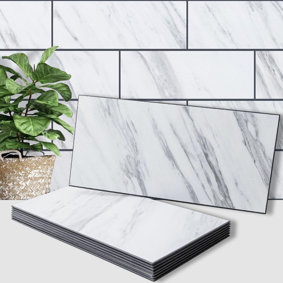 AULIGET 6" x 12" Black Slate Peel and Stick Backsplash Wall Tiles, PVC Faux Stone Stick on Tiles for Backsplash Kitchen, Bathroom, Laundry Room, Camper, Fireplace (Pack of 20)