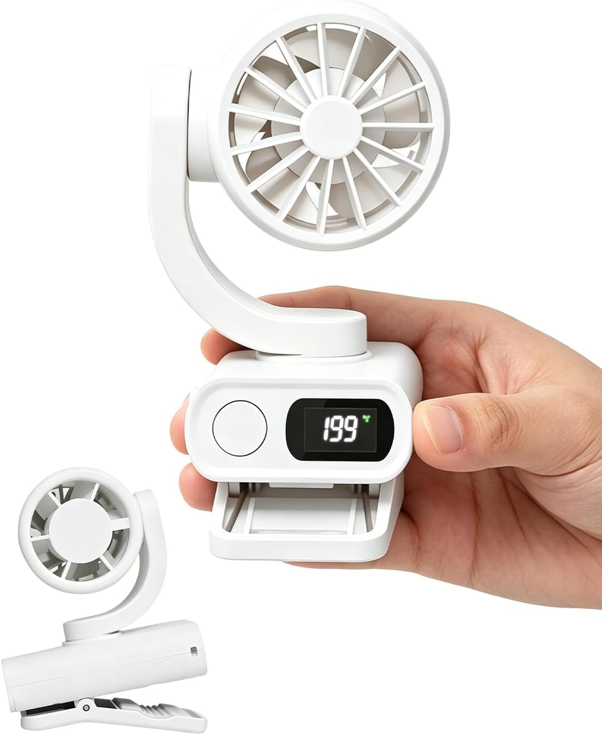 Mini Clip On Fan Portable, Mini Portable Fan with 6 Speeds LED Display, USB-C Rechargeable Small Clip Fan for Outdoor Clips Stroller, Bike, Umbrella Desk, Visor Hat, Sports (White)