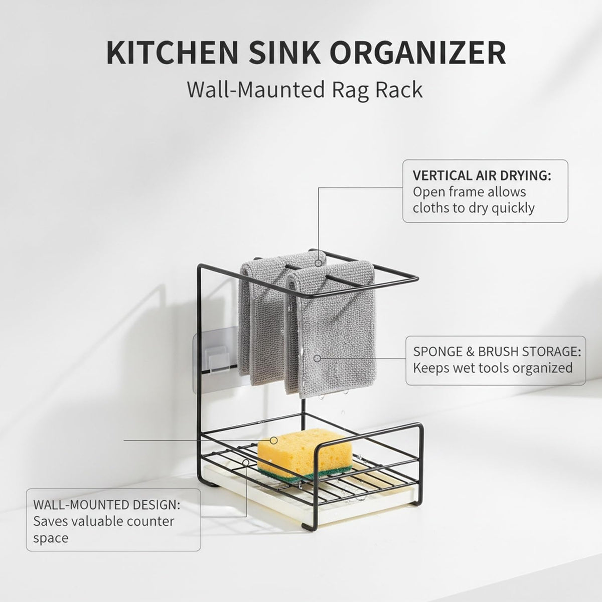 Wall-Mounted Kitchen Rag Rack, Carbon Steel Sponge & Cloth Holder for Sink Side Organization, Space-Saving Drying Rack (Black/White)
