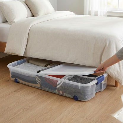 66 Quart Underbed Storage Bin with Wheels & Clear Lid, Under Bed Storage Container for Blankets, 39.5" x 20.25" x 7", Split-Lid Design & Smooth Gliding Wheels