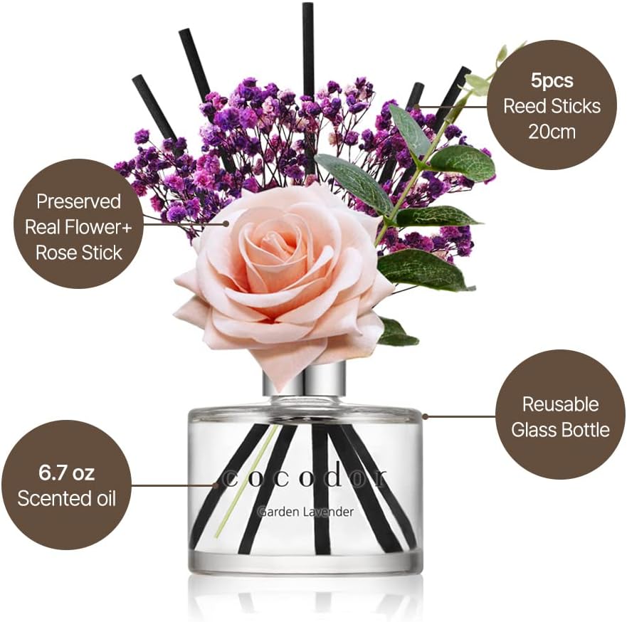 COCODOR Flower Reed Diffuser Set / 6.7oz / Cashmere Vanilla/Scent Diffuser with Sticks Home Fragrance Reed Diffuser for Bathroom Shelf Decor